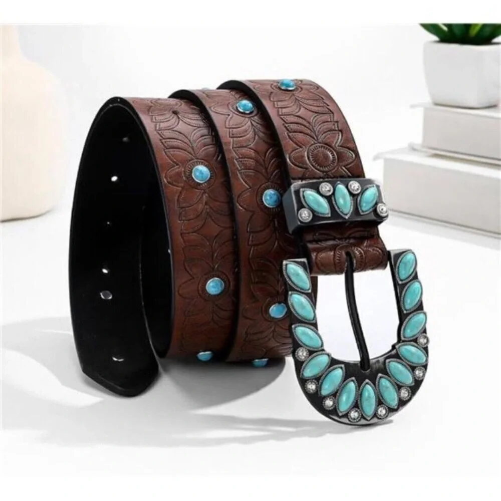 Brown Western Belt Woman Turquoise Cowgirl Belts for Jeans 28-38”